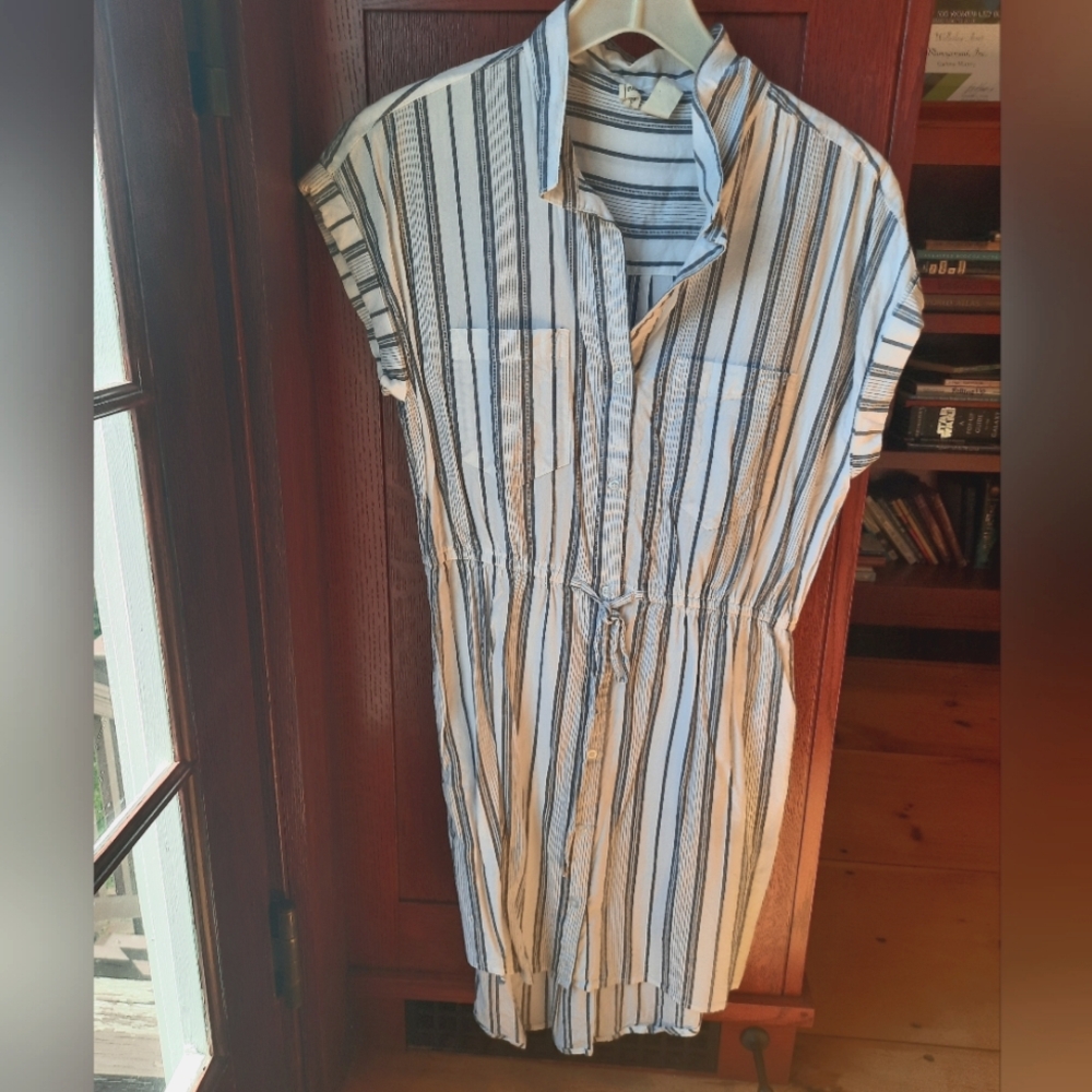 Ladies' pinstripe shirt dress w elastic faux drawstring waist L EUC